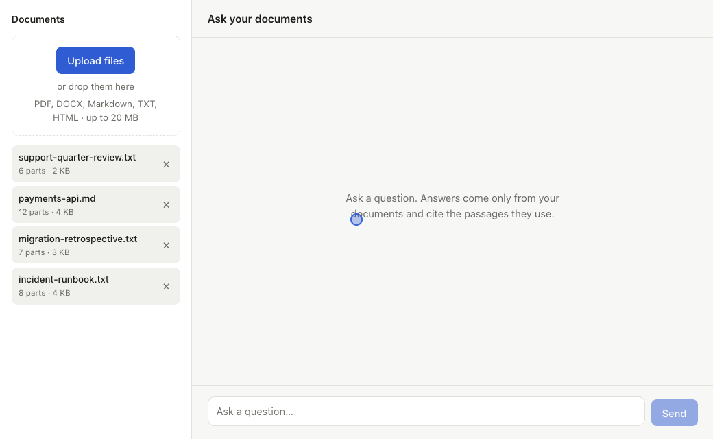 Docbound demo: uploading a handbook, asking a question, opening the cited passage, and an off-topic question answered with 'not found'